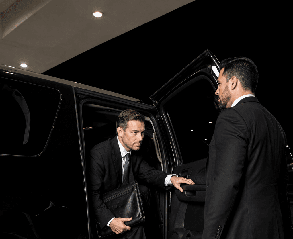 Luxury SUV and private jet on airport tarmac