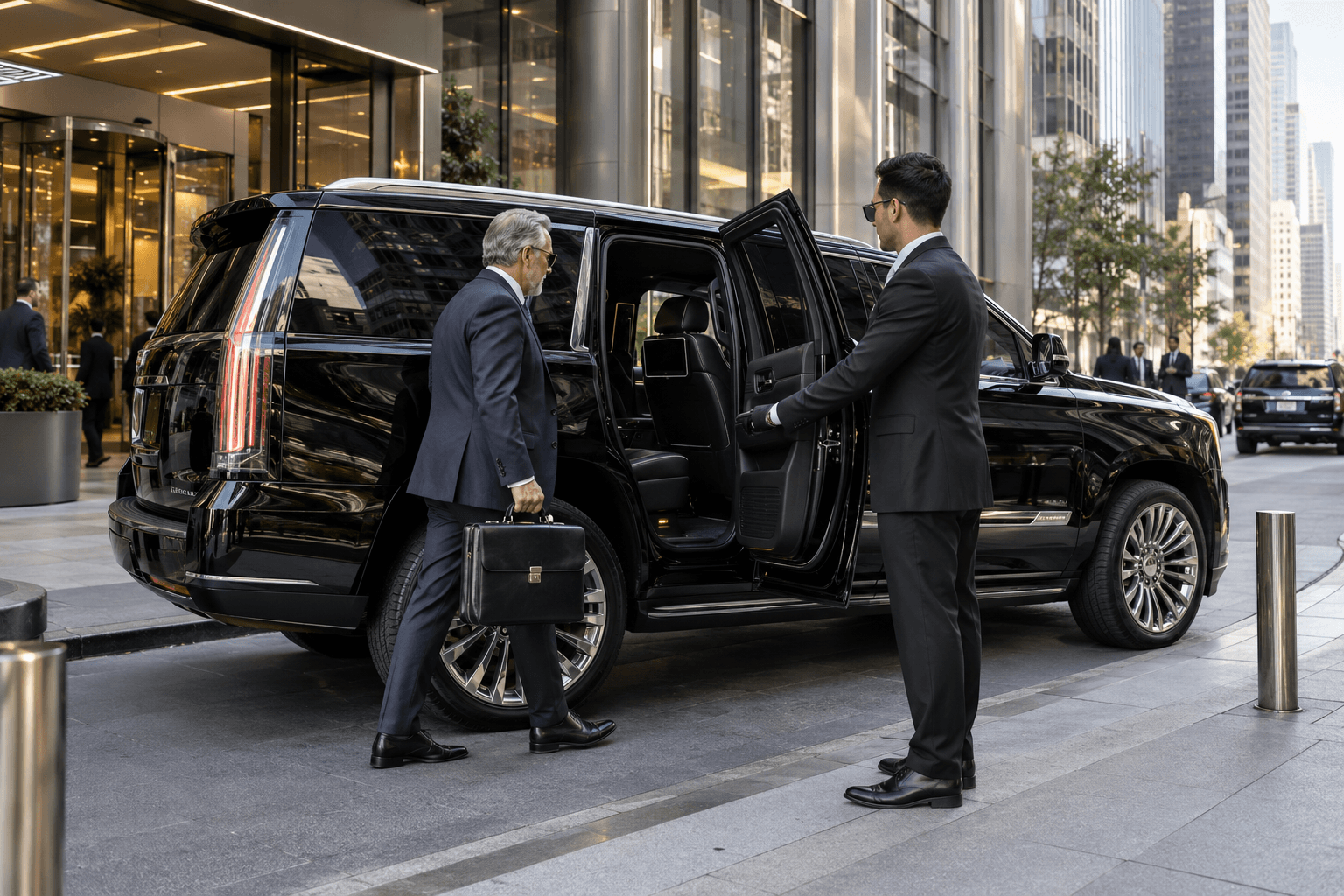 Chauffeur assisting guests at an airport transfer pickup