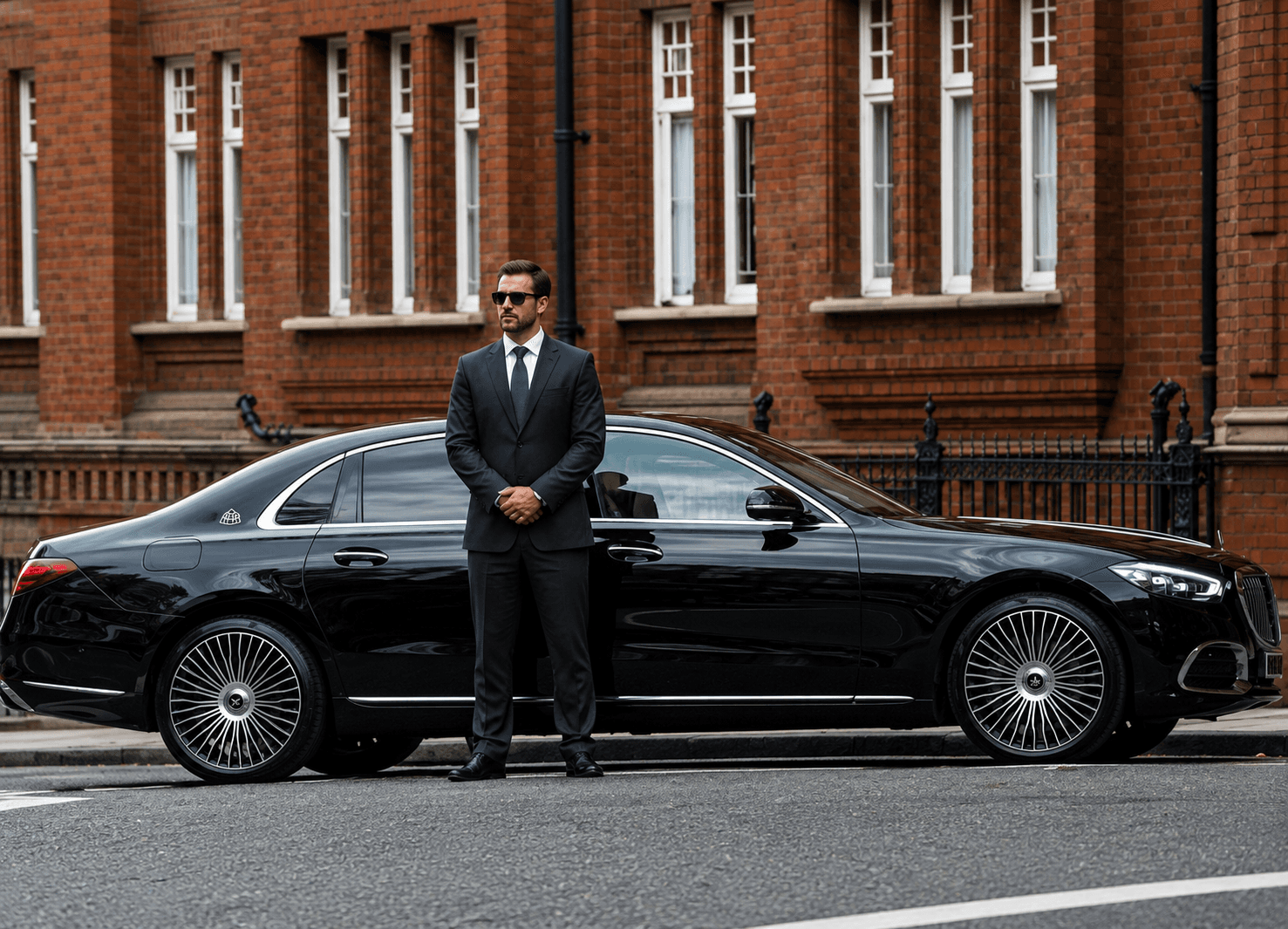 Professional chauffeur standing in front of a luxury sedan
