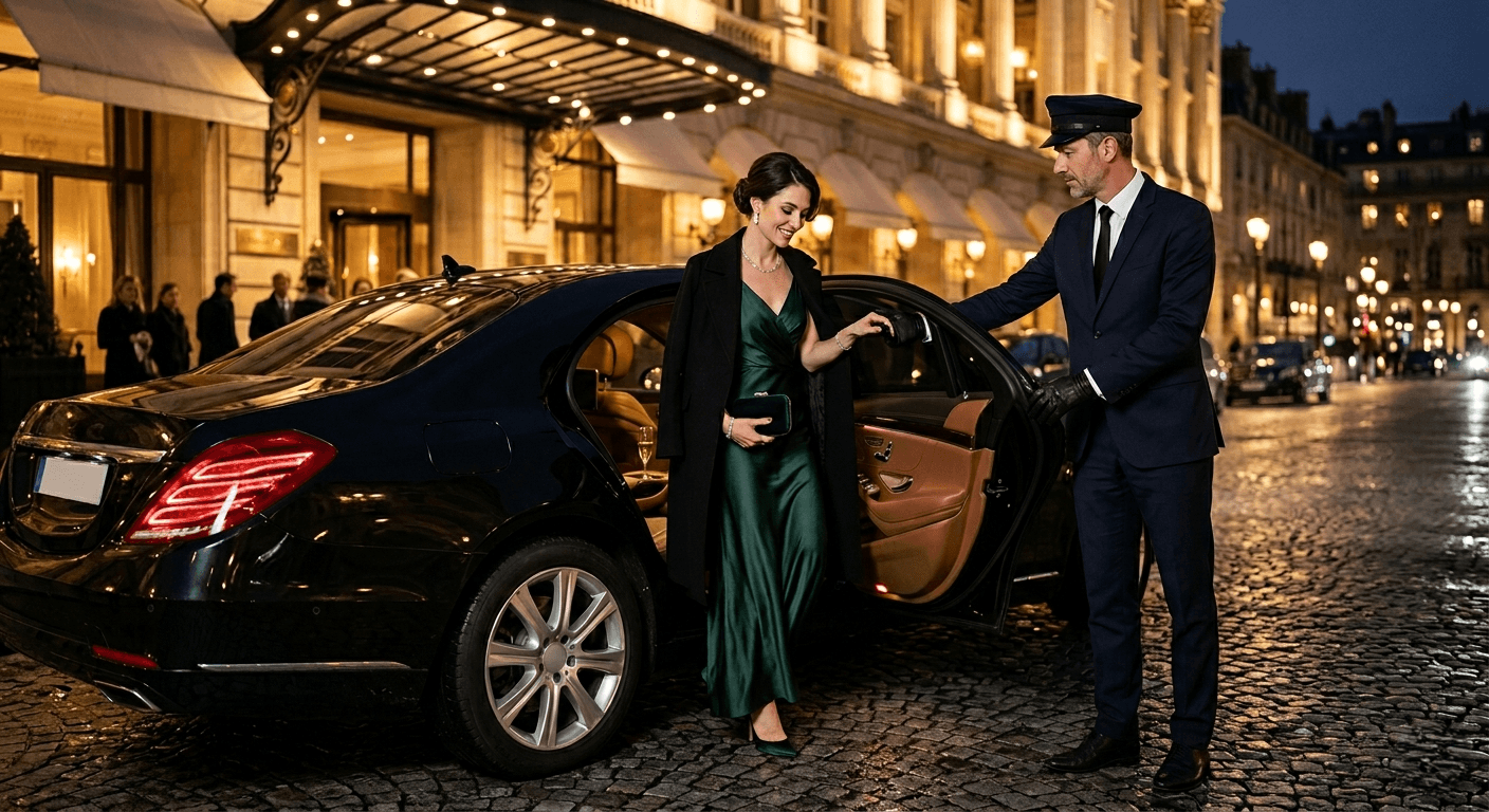 Professional chauffeur opening a luxury car door for a guest