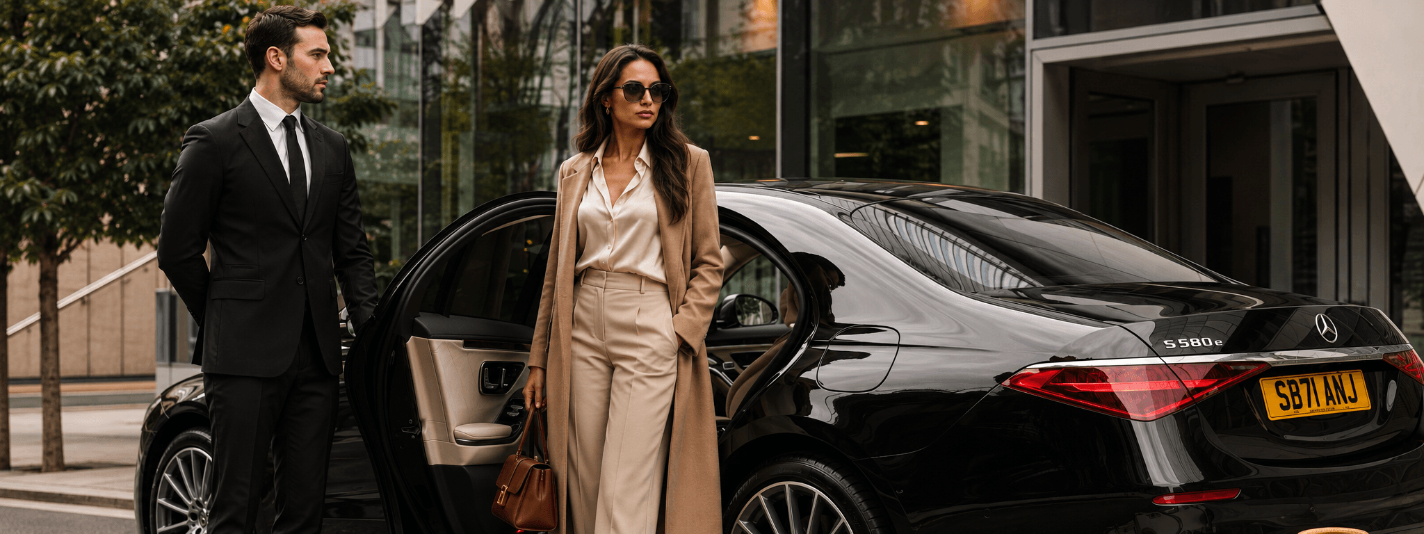 Luxury chauffeur and client beside a premium sedan