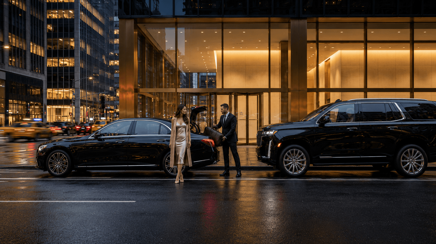 Luxury sedan pickup outside a premium city hotel entrance