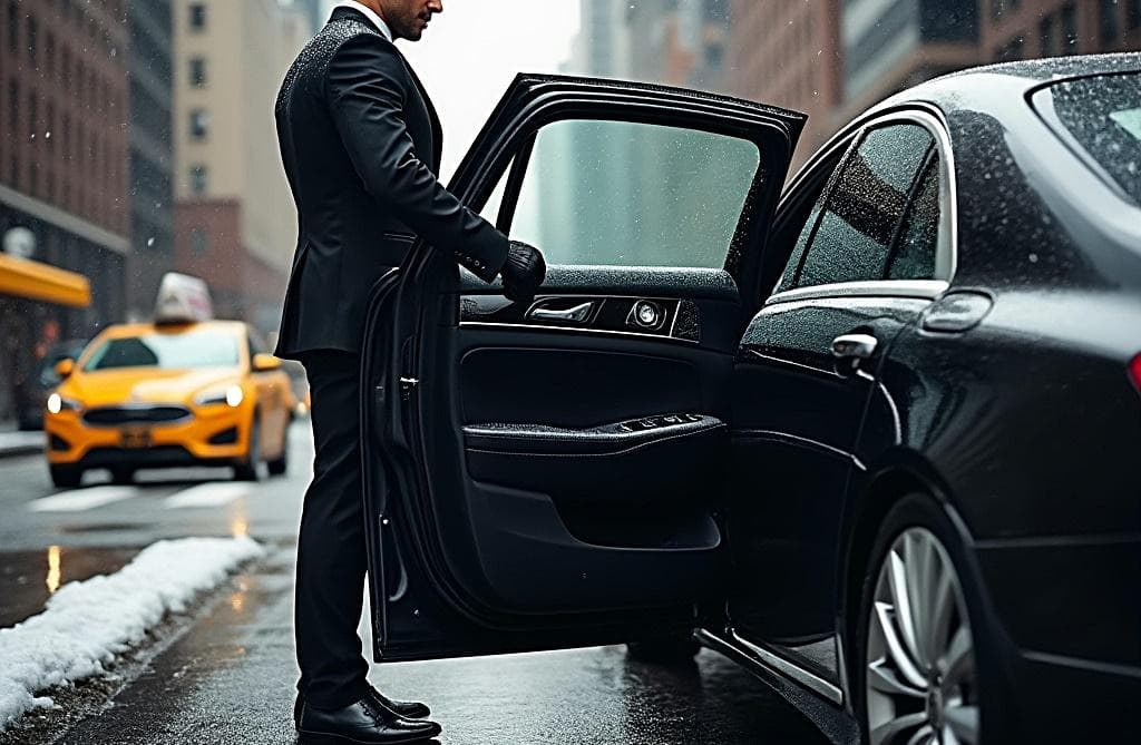 Airport limo transfer chauffeur assisting passenger