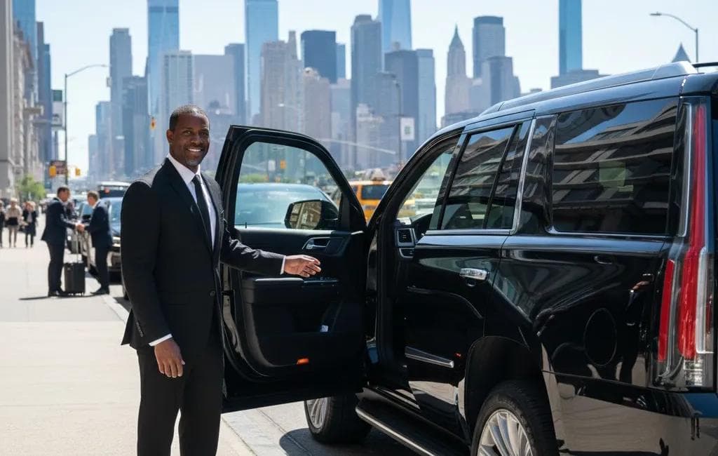 Chauffeur holding door for airport passenger