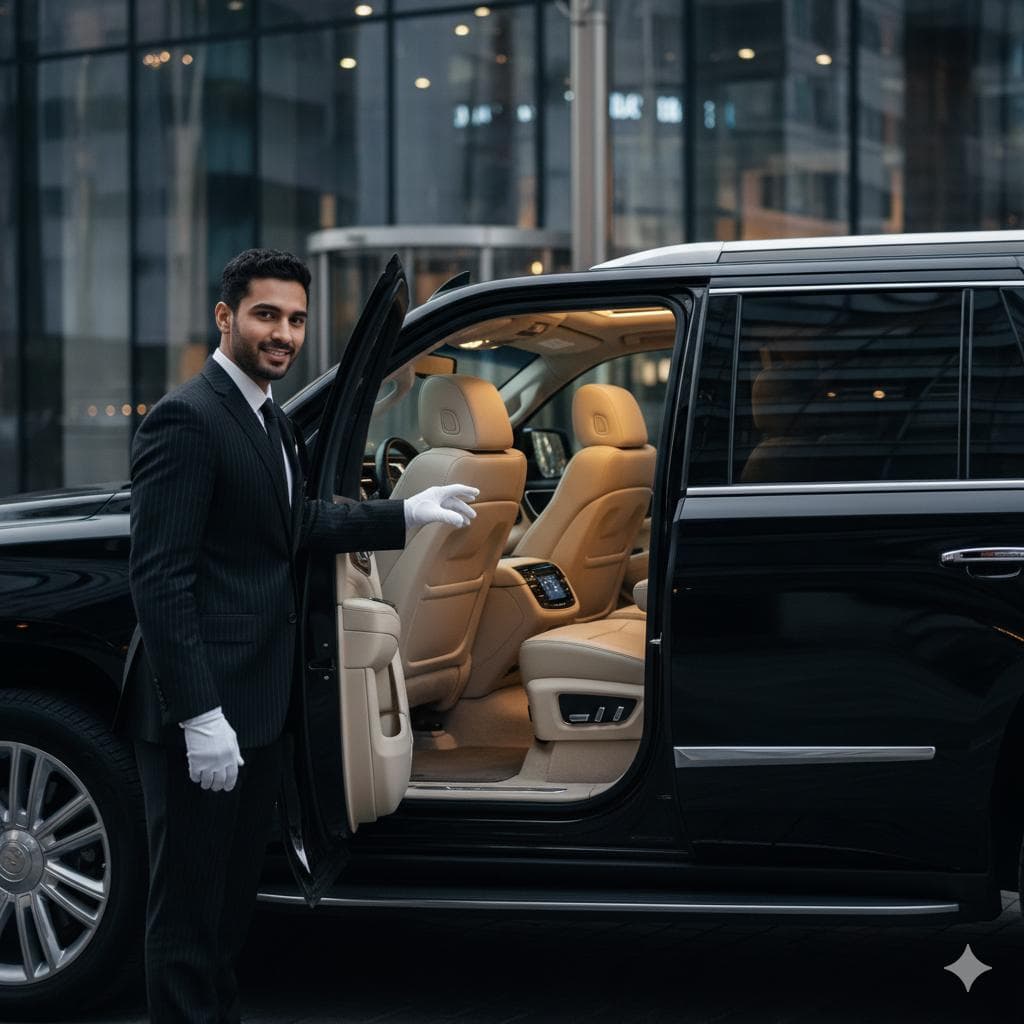 Chauffeur assisting guests at an airport transfer pickup