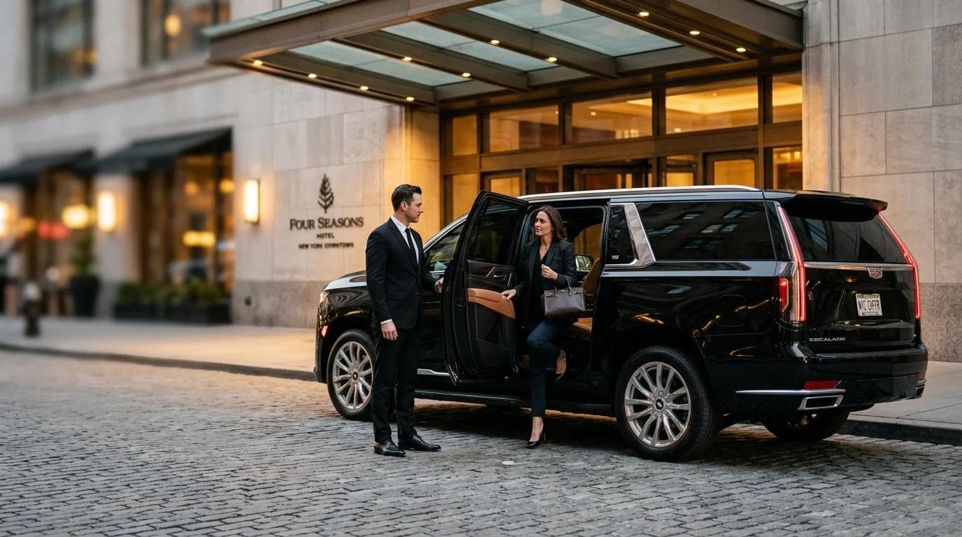 Private chauffeur standing beside luxury vehicle for hourly service