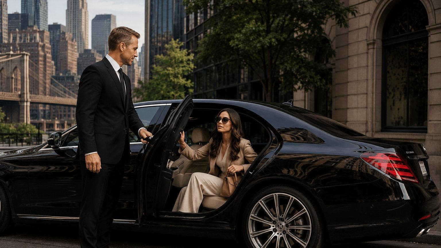 Executive chauffeur waiting by luxury vehicle